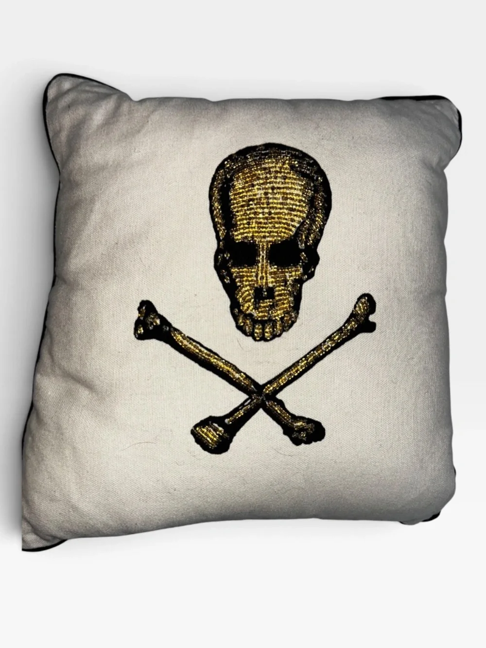 John Derian black gold Beaded embellished Skull & Bones Accent pillow 12